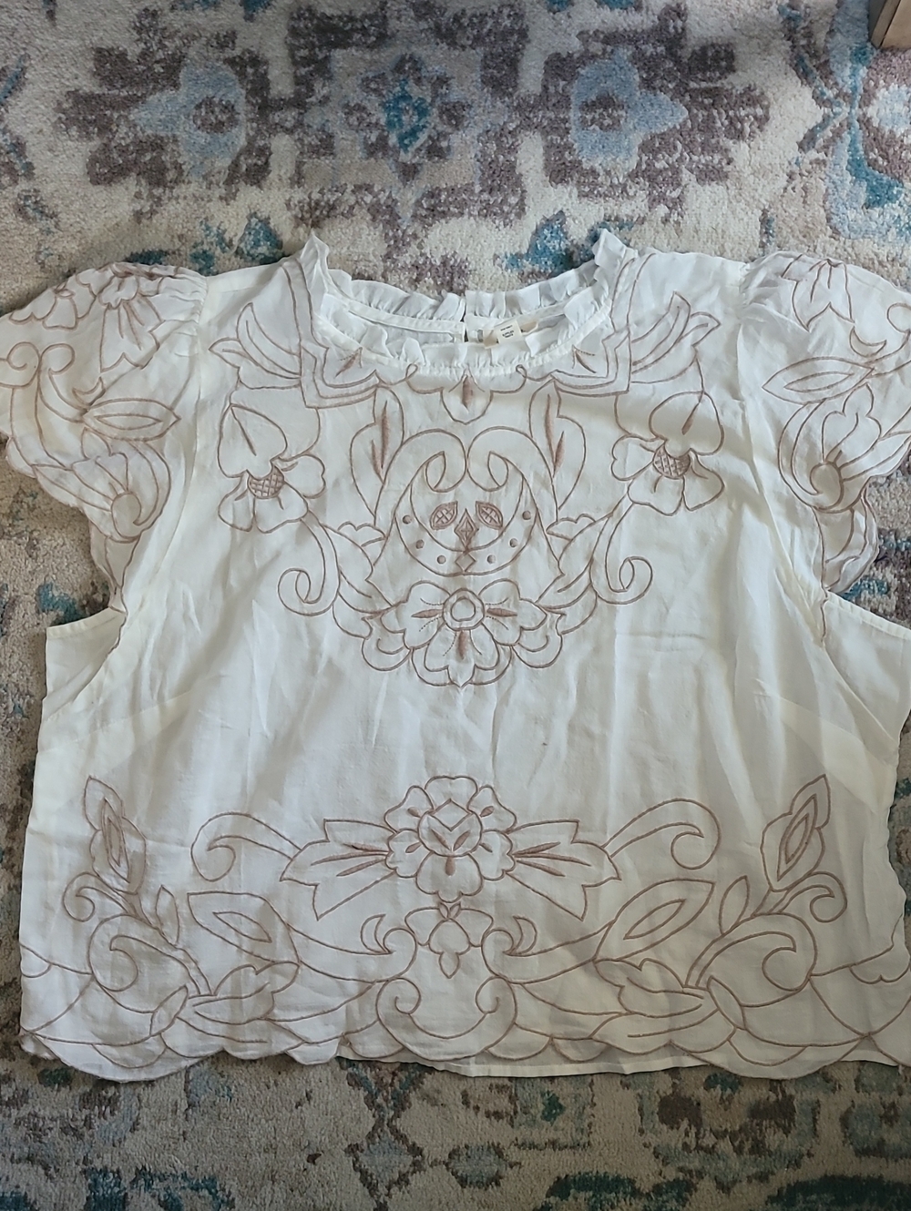 5 For $25 a.n.a White Short Sleeve Embroidered Blouse with Tan Detailing